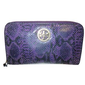 Tory Burch Purple Python Snakeskin Leather Full Zip Continental Long Wallet